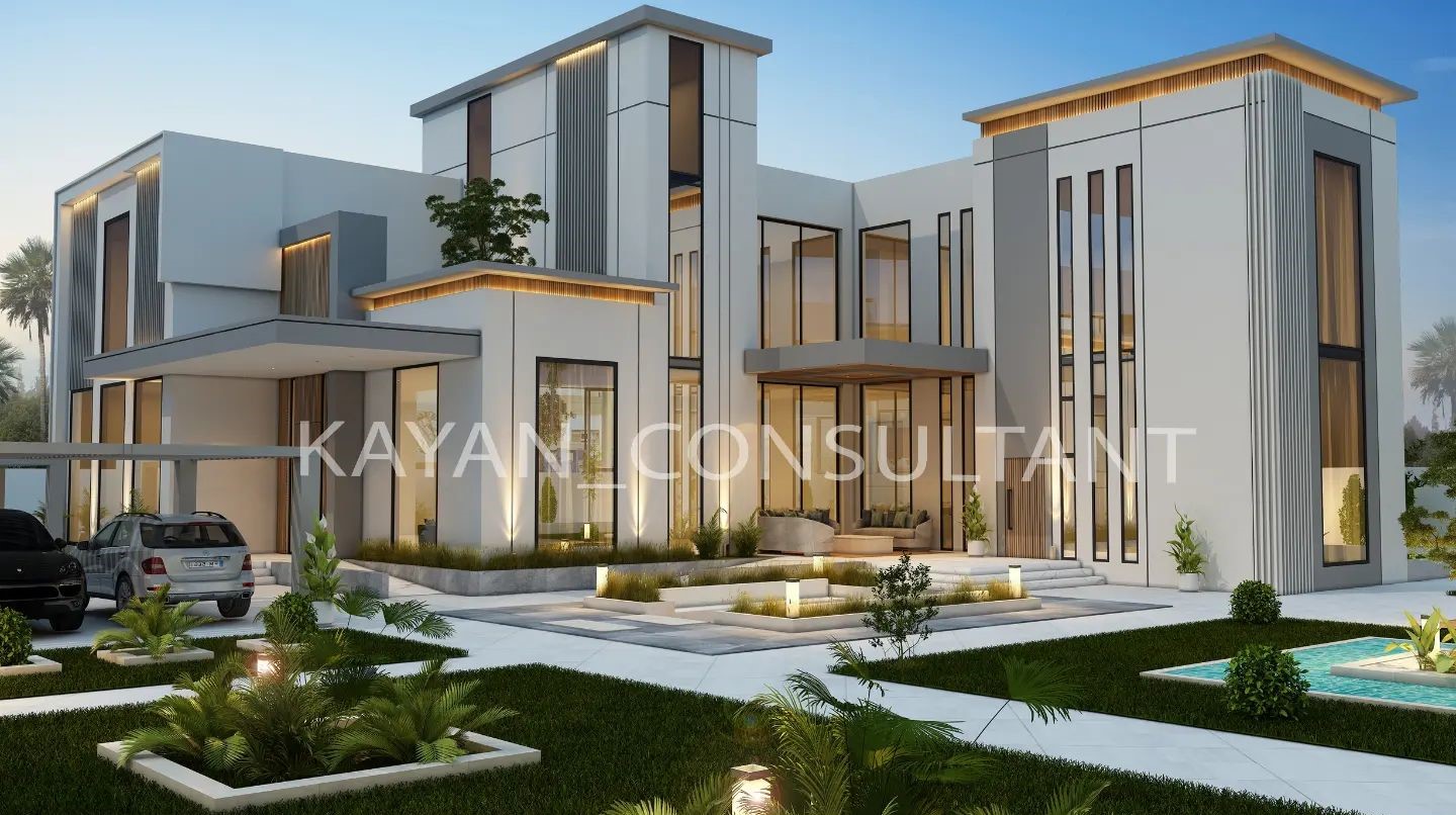 Kayan Engineering Consultancy: leaders in low-cost design solutions, showcasing modern architecture and poolside landscape.