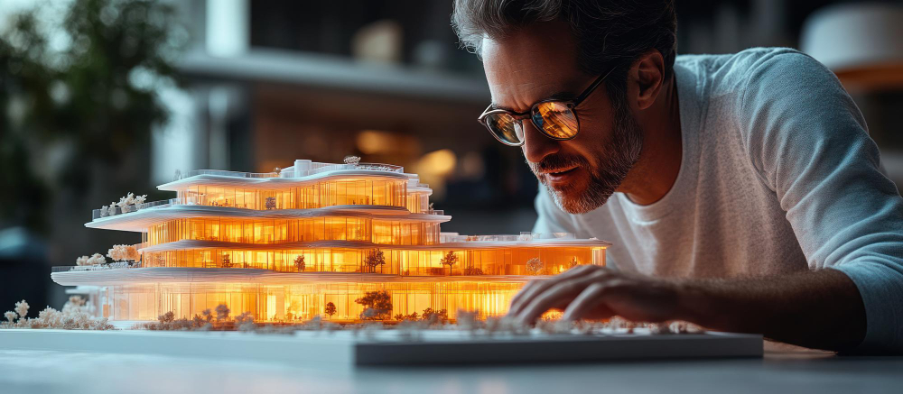 Architect examining a detailed illuminated scale model of a modern multi-level building.