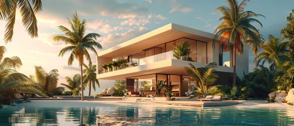 Modern luxury beachfront villa with palm trees and an infinity pool at sunset.