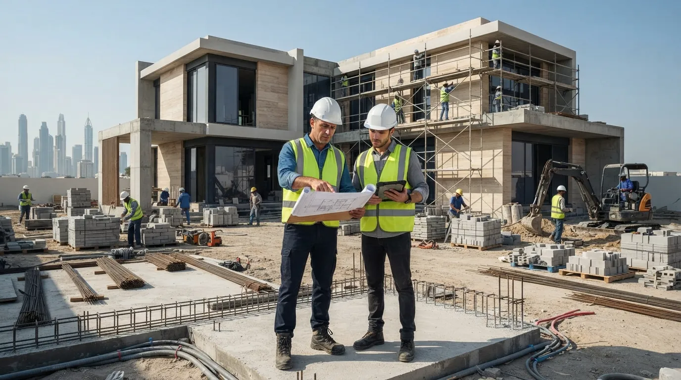Two professional male engineers reviewing blueprints in front of a modern luxury villa under construction in Dubai with scaffolding and natural stone finishes.